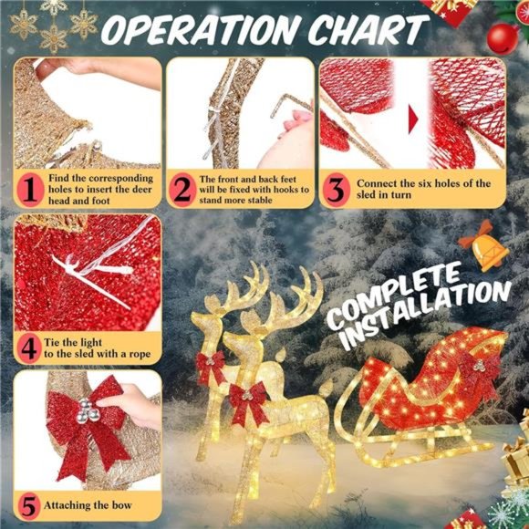 3 Piece Lighted Christmas Reindeer and Sleigh 4 ft Reindeer and Sleigh (Gold) - Picture 2 of 7